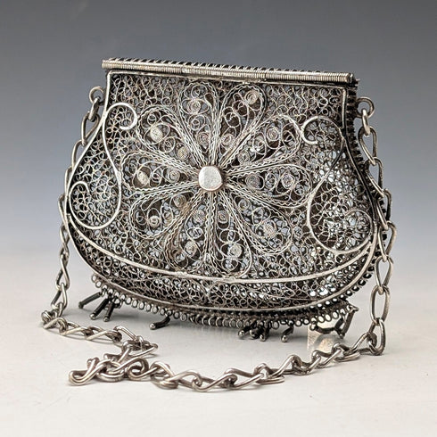 Vintage silver filigree purse with chain, coin purse, 40g