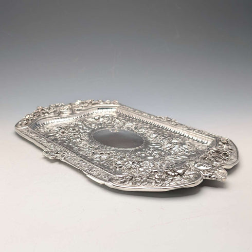 Mid-Victorian British antique silver plate relief carved square dressing table tray