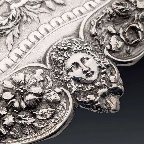 Mid-Victorian British antique silver plate relief carved square dressing table tray