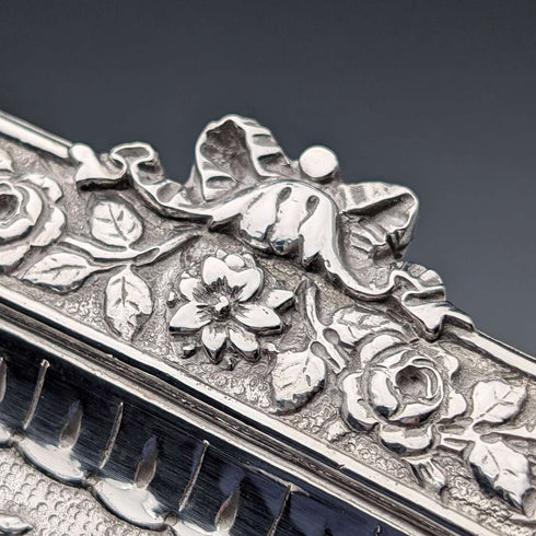 Mid-Victorian British antique silver plate relief carved square dressing table tray