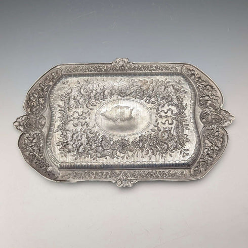 Mid-Victorian British antique silver plate relief carved square dressing table tray