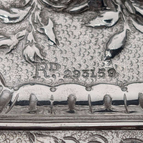 Mid-Victorian British antique silver plate relief carved square dressing table tray