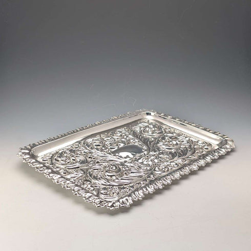 Circa 1900 British antique silver plate relief carved square dressing table tray