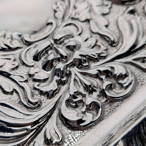 Circa 1900 British antique silver plate relief carved square dressing table tray