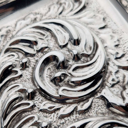 Circa 1900 British antique silver plate relief carved square dressing table tray