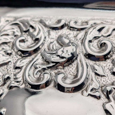 Circa 1900 British antique silver plate relief carved square dressing table tray