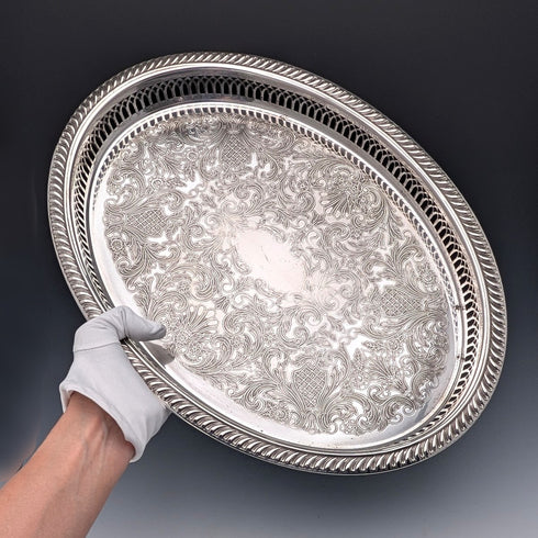 英国ヴィンテージ シルバープレート製 オーバル型 ギャラリートレイ 幅40cm