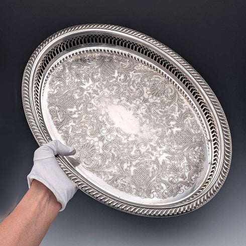 Vintage British silver plate oval gallery tray, 40cm wide