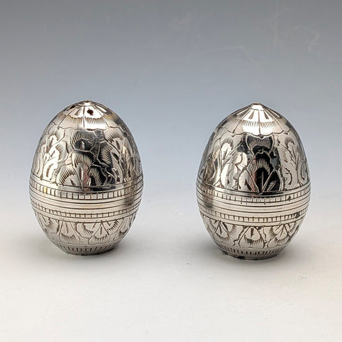Vintage silver plate egg-shaped spice rack pair