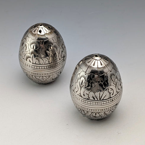 Vintage silver plate egg-shaped spice rack pair