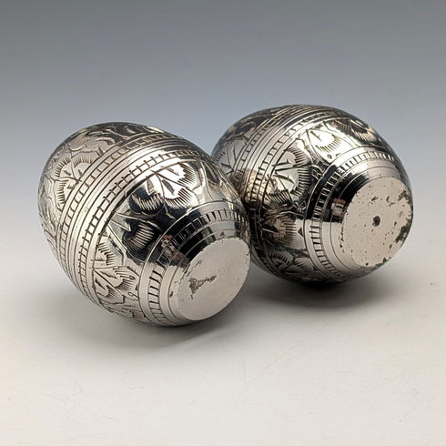 Vintage silver plate egg-shaped spice rack pair