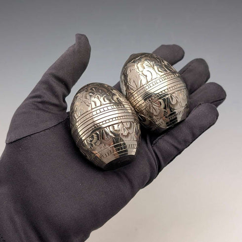 Vintage silver plate egg-shaped spice rack pair