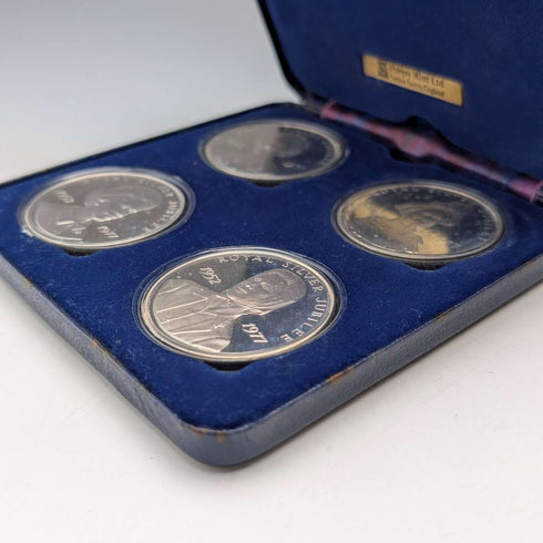 1977 British Pure Silver Jubilee Crown Coins, Set of 4, Total Weight 113g, Cased, Pobjoy Mint