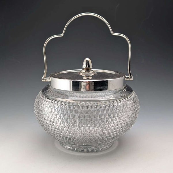 Vintage British hobnail cut glass jar with handle and silver plate lid