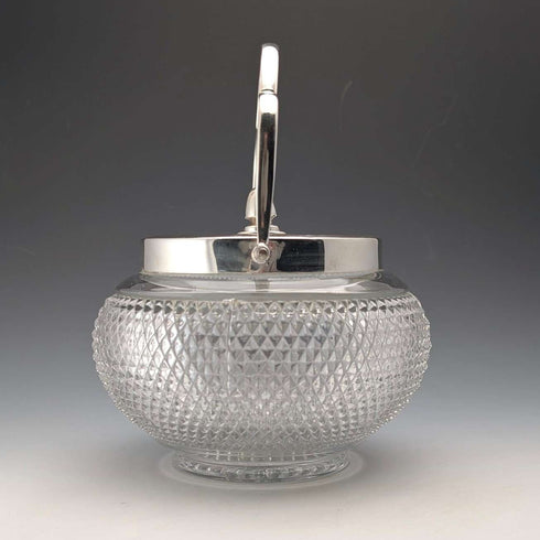 Vintage British hobnail cut glass jar with handle and silver plate lid