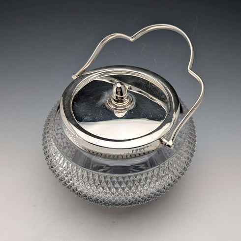 Vintage British hobnail cut glass jar with handle and silver plate lid