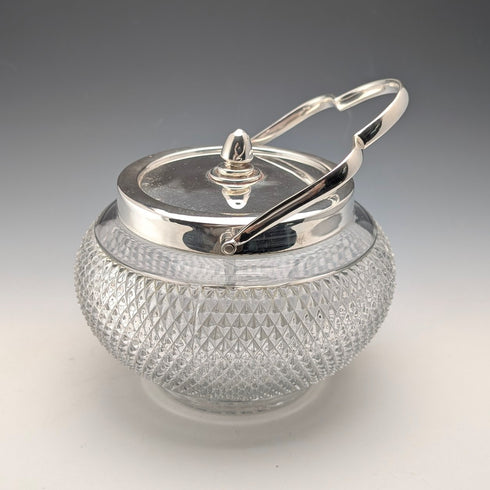 Vintage British hobnail cut glass jar with handle and silver plate lid