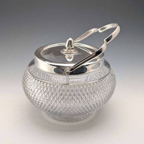 Vintage British hobnail cut glass jar with handle and silver plate lid