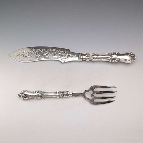 Circa 1852 British antique sterling silver handle fish server pair in case by John Gilbert