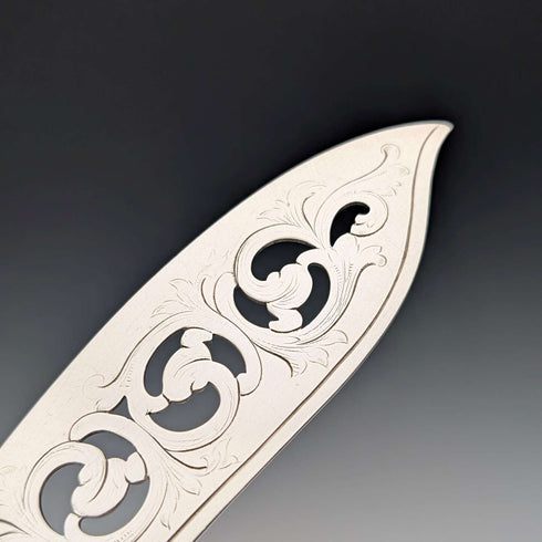 Circa 1852 British antique sterling silver handle fish server pair in case by John Gilbert