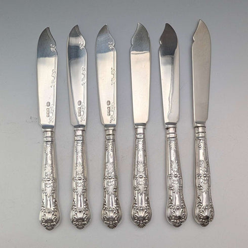 1923 British antique all-sterling silver fish cutlery set, 6 pairs, 653g, in wooden box, Alexander Clarke