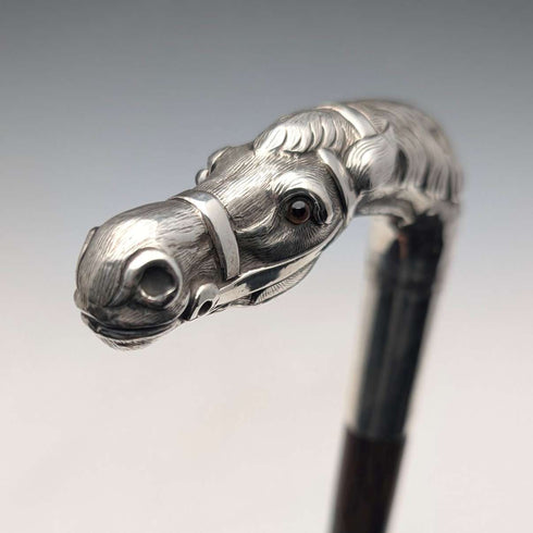 Antique British brown shaft sterling silver horsehead handle walking stick 92cm Emma Blumenstein