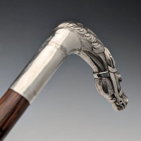 古董英國棕色軸純銀馬頭柄手杖 92 公分 Emma Blumenstein