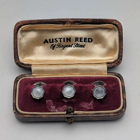 British vintage sterling silver and white mother of pearl shirt stud buttons, set of 3, AUSTIN REED, in case