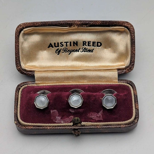 British vintage sterling silver and white mother of pearl shirt stud buttons, set of 3, AUSTIN REED, in case