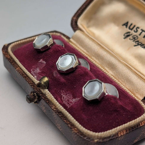 British vintage sterling silver and white mother of pearl shirt stud buttons, set of 3, AUSTIN REED, in case