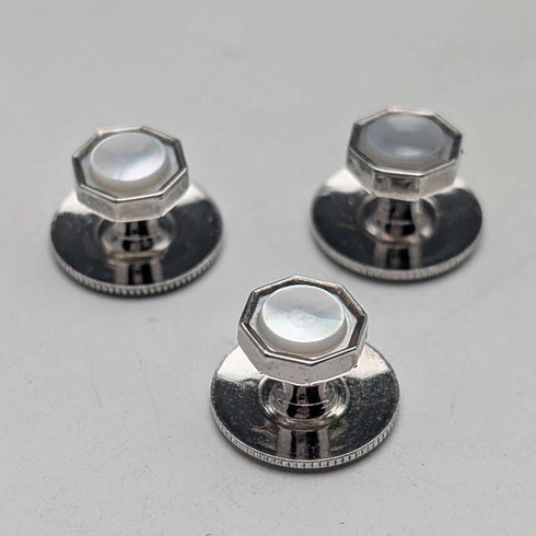 British vintage sterling silver and white mother of pearl shirt stud buttons, set of 3, AUSTIN REED, in case