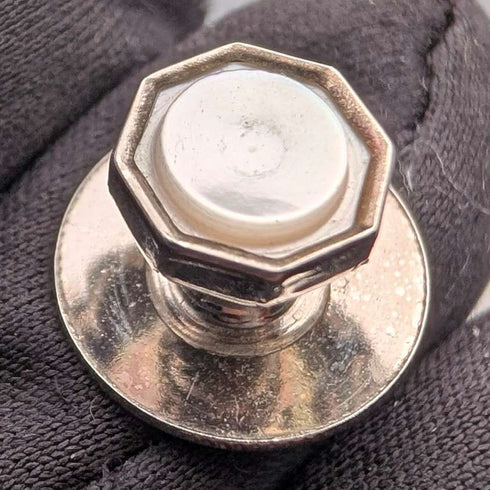 British vintage sterling silver and white mother of pearl shirt stud buttons, set of 3, AUSTIN REED, in case