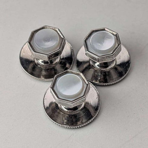 British vintage sterling silver and white mother of pearl shirt stud buttons, set of 3, AUSTIN REED, in case