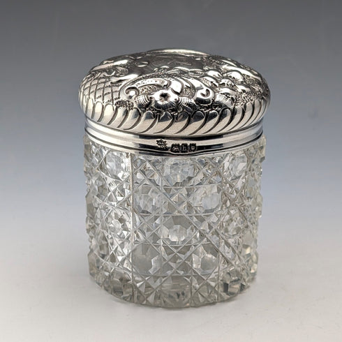 1904 British antique pure silver lid cylindrical cut glass jar The Alexander Clark