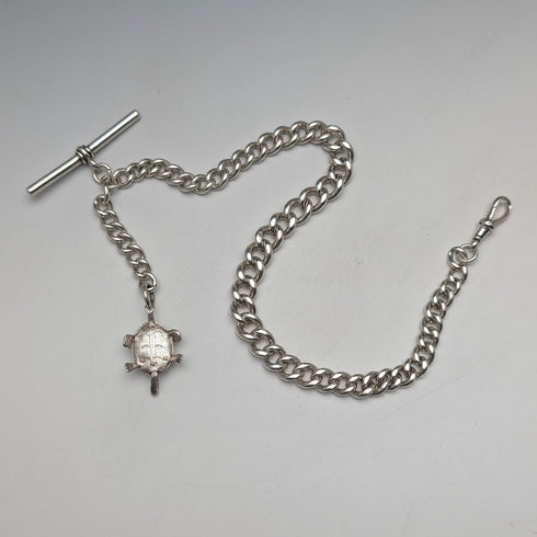 1900年頃 英国アンティーク 純銀製 極太アルバートチェーン 71g 亀チャームフォブ