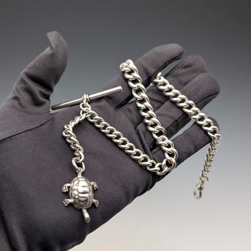 1900年頃 英国アンティーク 純銀製 極太アルバートチェーン 71g 亀チャームフォブ