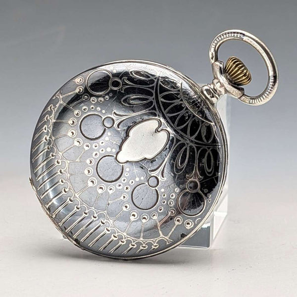 Antique Swiss made unsigned pocket watch with silver side niello decoration, slim hunter case, in good working order