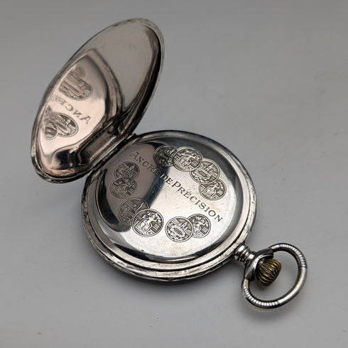 古董瑞士製造無簽名懷錶,銀色側面有黑金裝飾,纖薄獵錶殼,運作良好