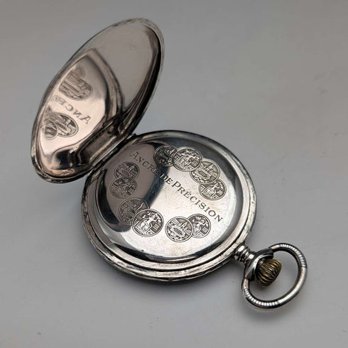 Antique Swiss made unsigned pocket watch with silver side niello decoration, slim hunter case, in good working order