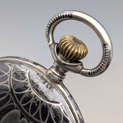 Antique Swiss made unsigned pocket watch with silver side niello decoration, slim hunter case, in good working order