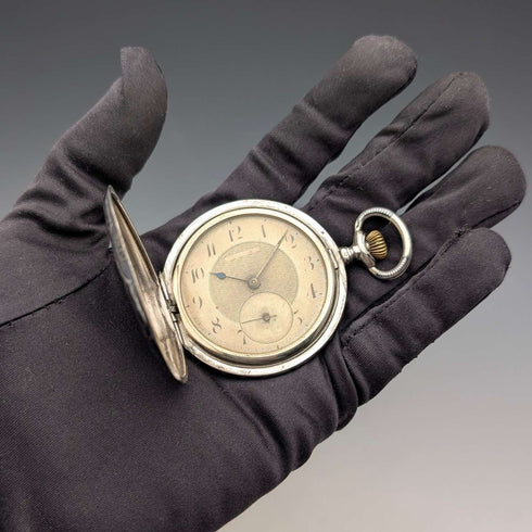 Antique Swiss made unsigned pocket watch with silver side niello decoration, slim hunter case, in good working order