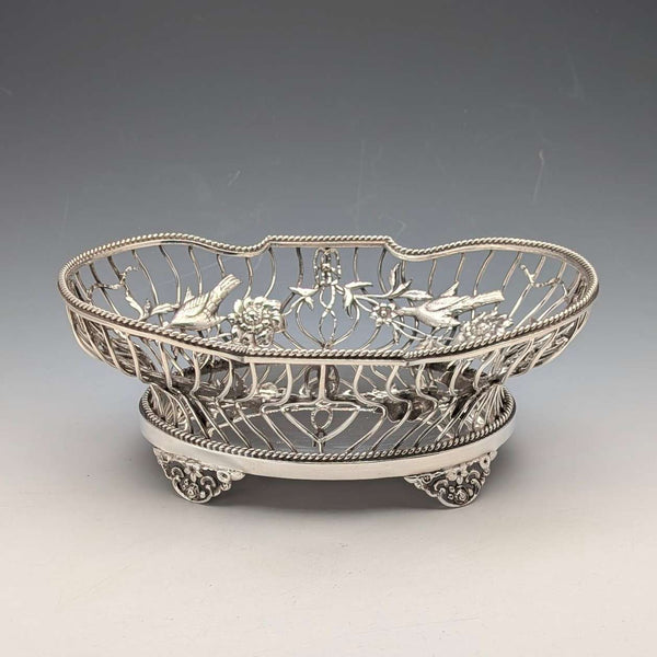 1907 British antique flower and bird decoration sterling silver bowl dish 378g William Comyns