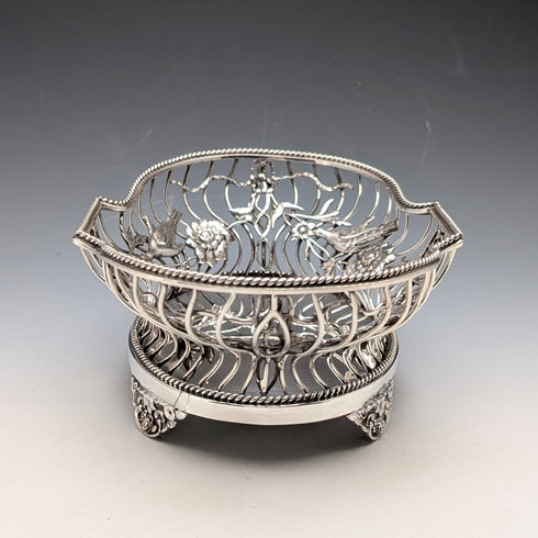 1907年英國古董花鳥裝飾純銀碗碟378克William Comyns