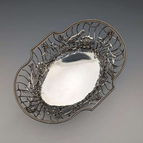 1907年 英国アンティーク 花鳥装飾 純銀製ボウルディッシュ 378g William Comyns