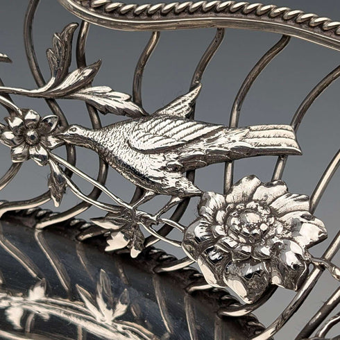 1907年 英国アンティーク 花鳥装飾 純銀製ボウルディッシュ 378g William Comyns