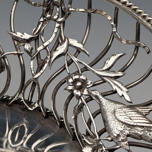 1907年英國古董花鳥裝飾純銀碗碟378克William Comyns