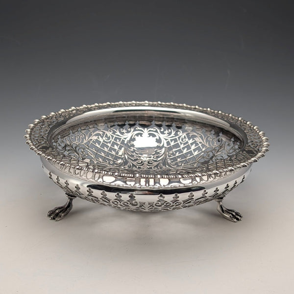 1911 年英國古董穿孔耳環純銀帶腳水果碗 436 克 Goldsmiths&Silversmiths
