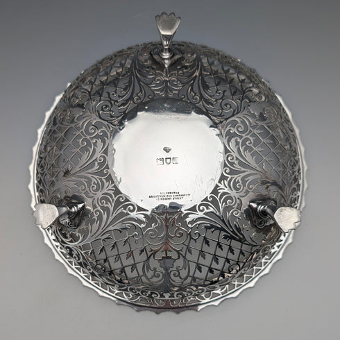 1911年 英国アンティーク ピアス装飾 純銀製 脚付きフルーツボウル 436g Goldsmiths&Silversmiths