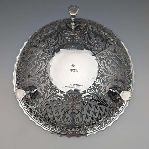 1911 British antique pierced earrings sterling silver footed fruit bowl 436g Goldsmiths&Silversmiths