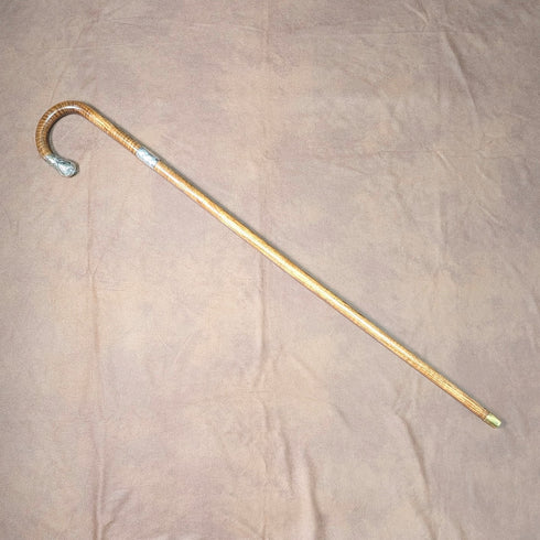 1906 British antique brown shaft, curved handle, pure silver decoration, walking stick, 80cm